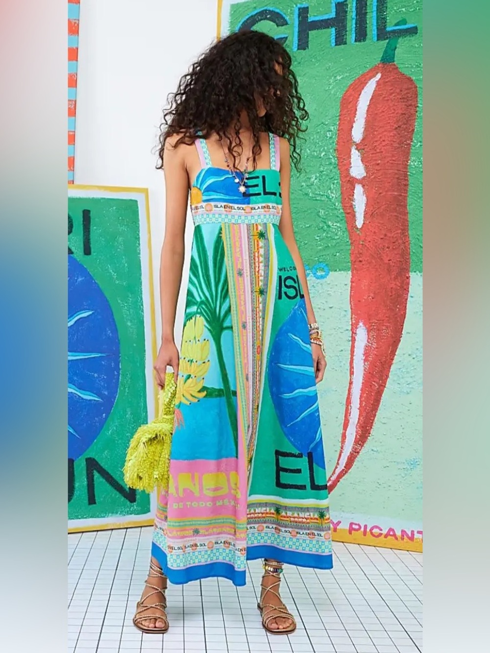 🌴 River Island Atlas Isla El Sol Maxi Dress Large Tropical Mexico Resort